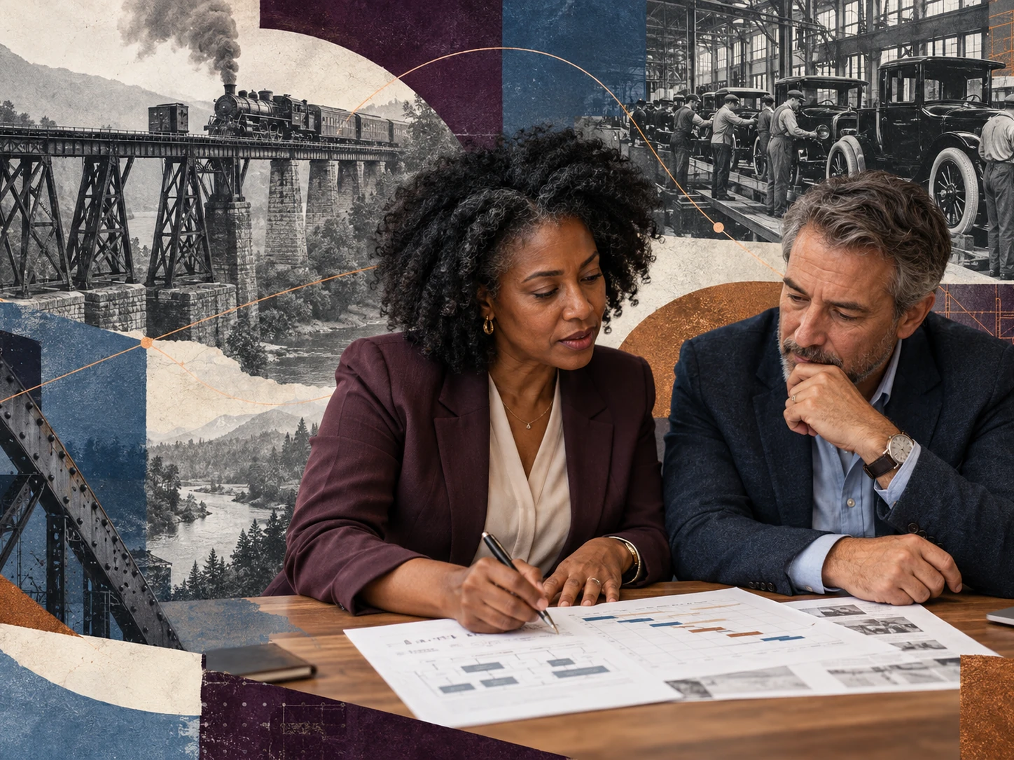 Two professionals review a project plan amid layered photographs of railways and automobile assembly.