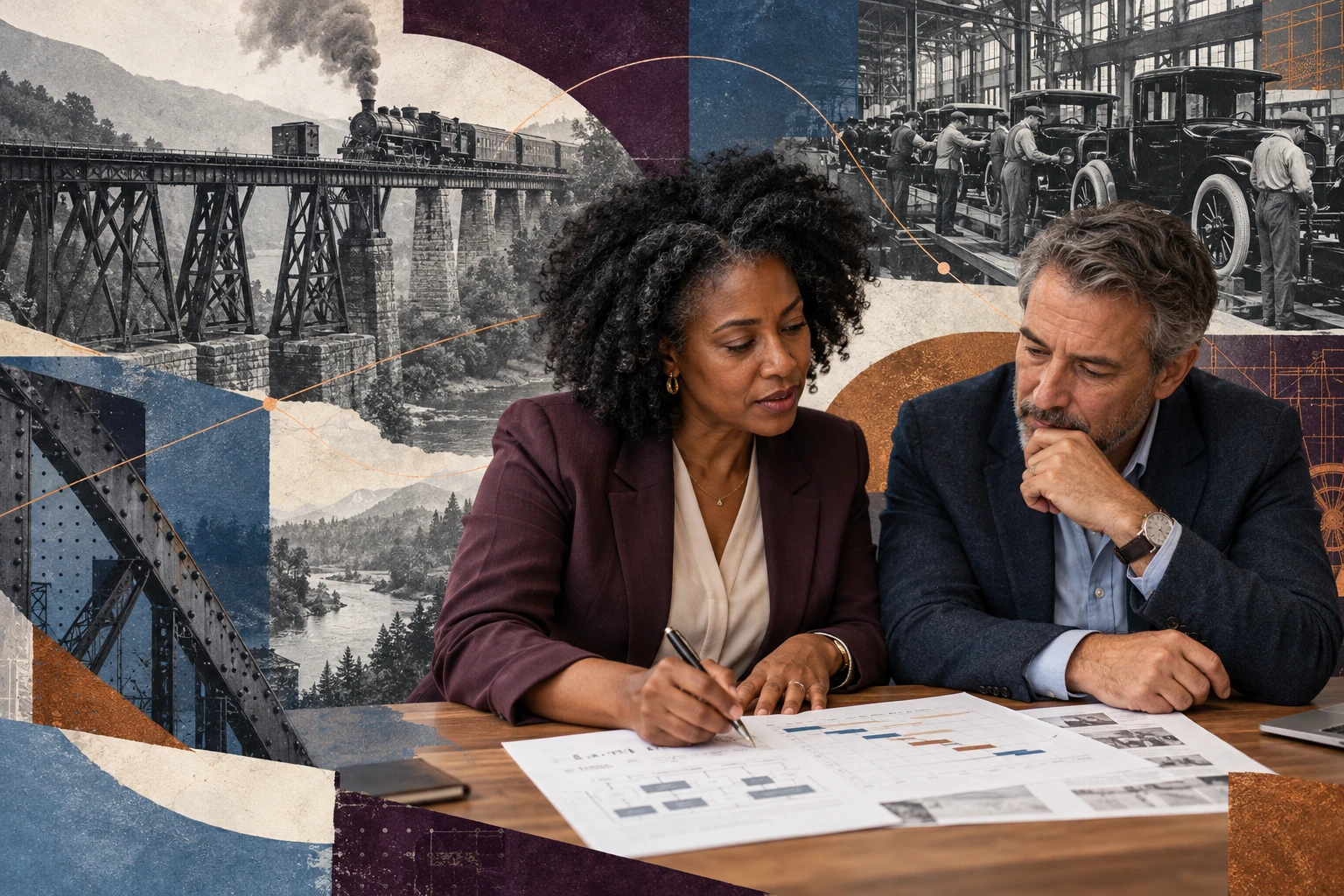 Two professionals review a project plan amid layered photographs of railways and automobile assembly.