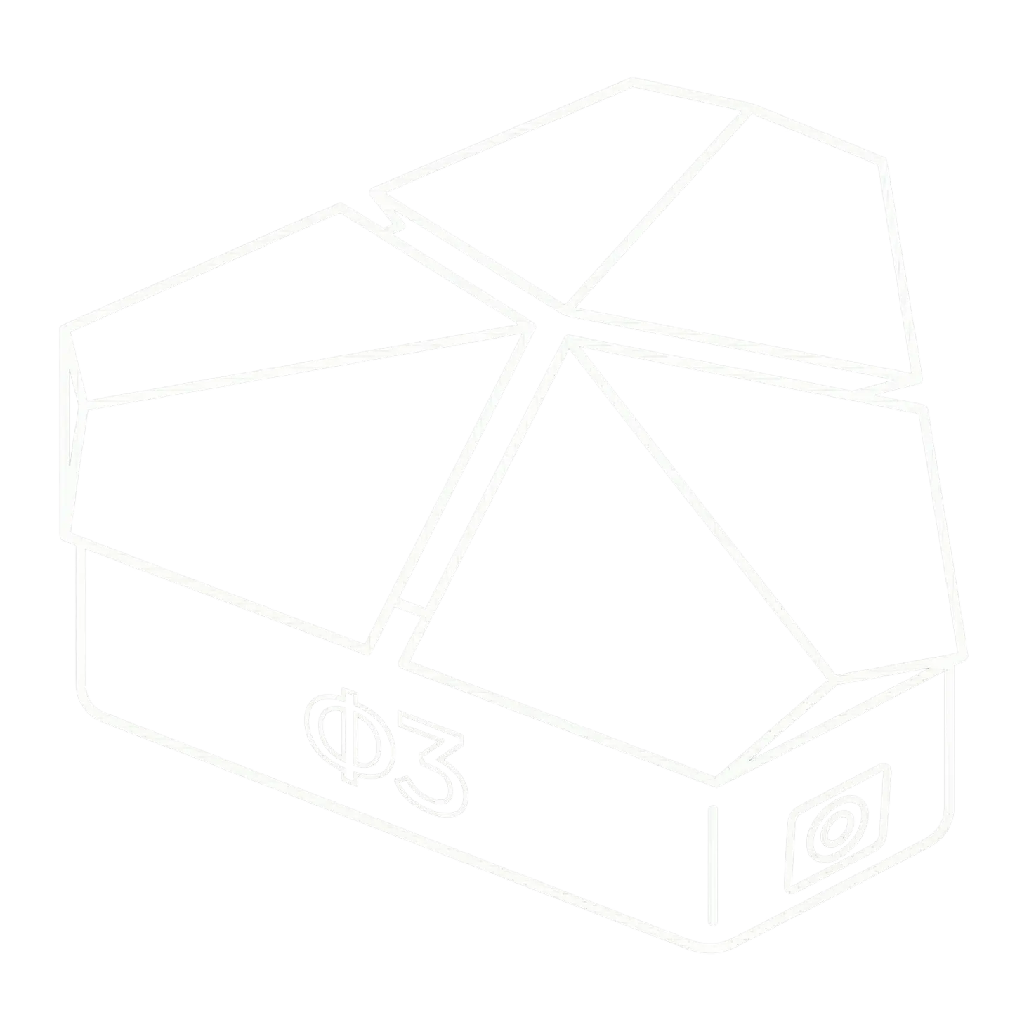 3D wireframe model of a segmented rectangular object with five triangular facets on top.