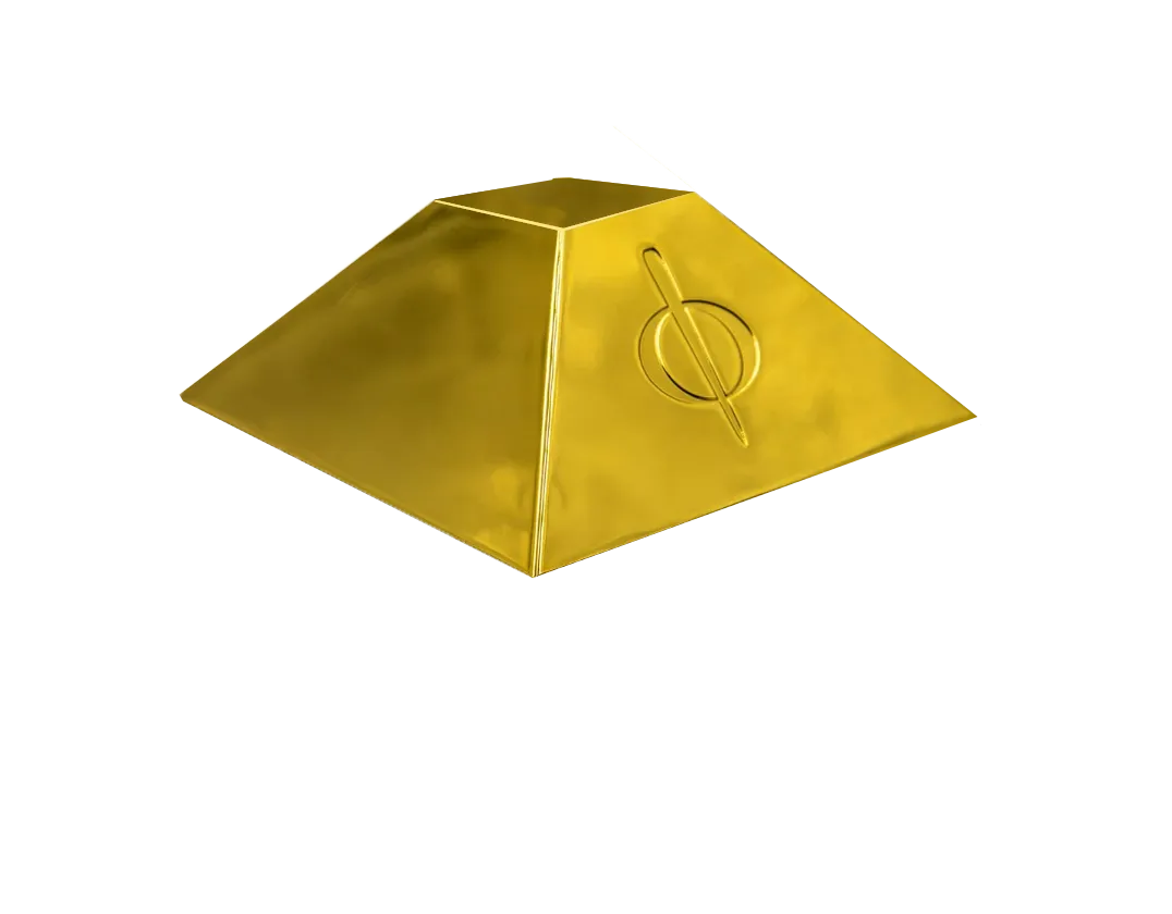 Golden metallic pyramid-shaped object with a circle and diagonal line engraving on one side.