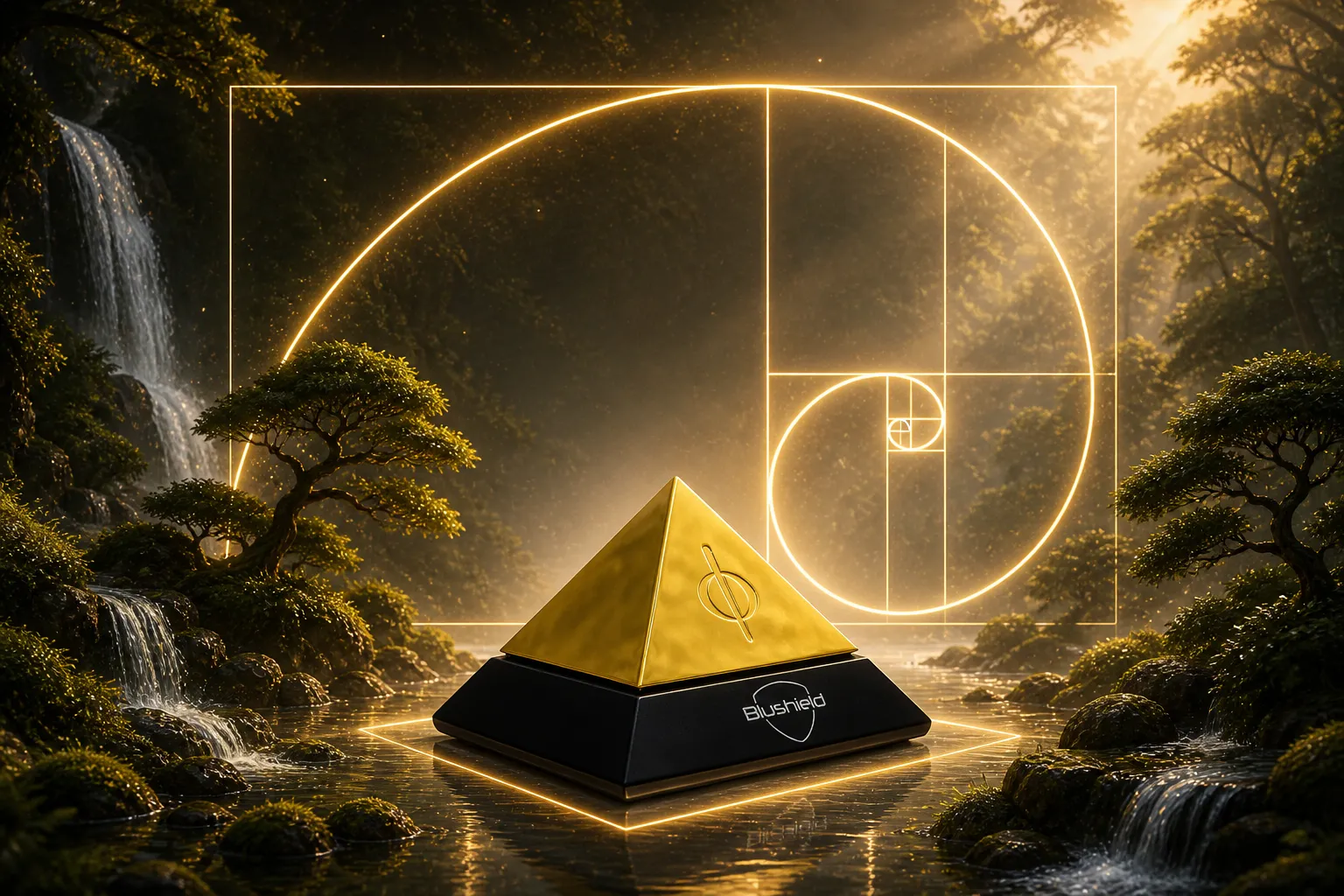 Golden pyramid with Blushield logo on water, surrounded by trees, waterfall, and golden Fibonacci spiral.
