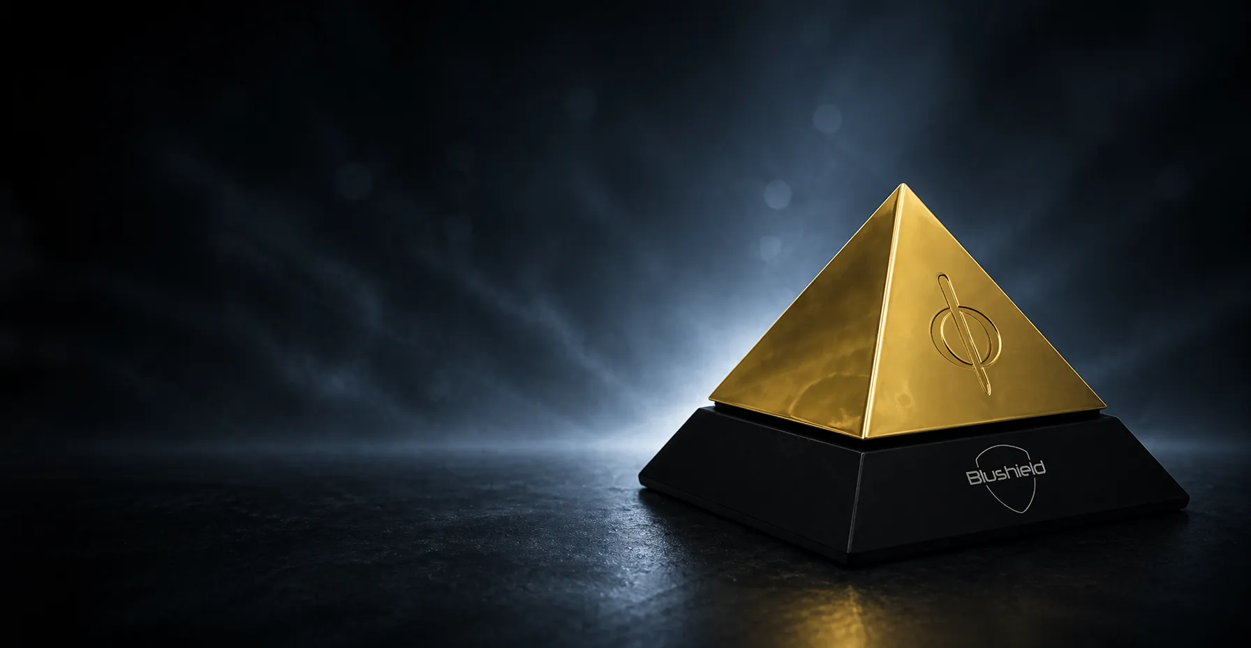 Gold pyramid with a symbol on black base labeled Blushield on a dark textured surface with light behind it.