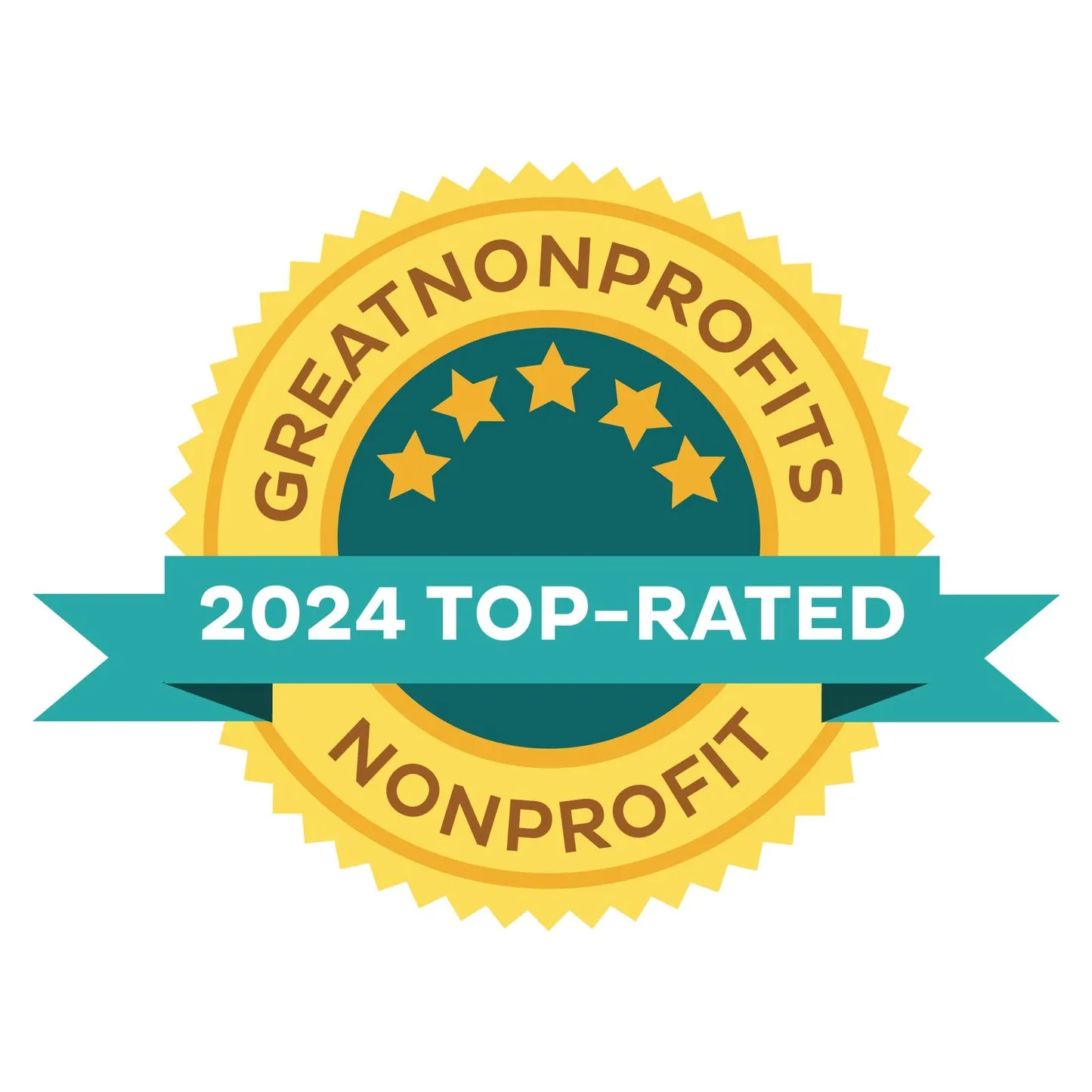 Gold badge with five stars and teal banner reading 2024 Top-Rated GreatNonprofits Nonprofit.