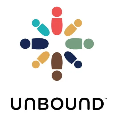 Colorful abstract human figures forming a circle above the word UNBOUND in black text.