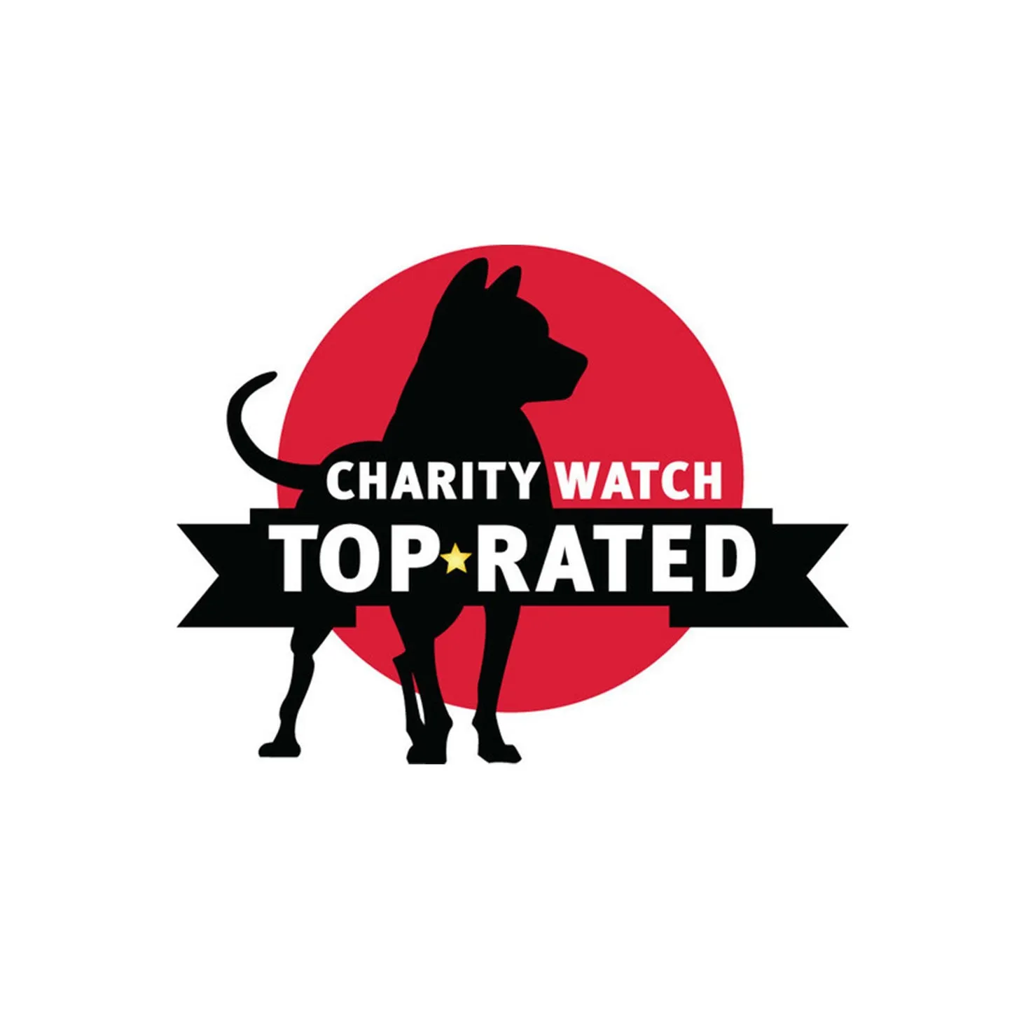 Black dog silhouette with a red circle behind and 'Charity Watch Top Rated' text in front.