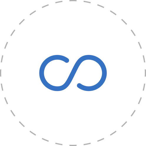 Blue infinity loop symbol inside a dashed black circle on a white background.