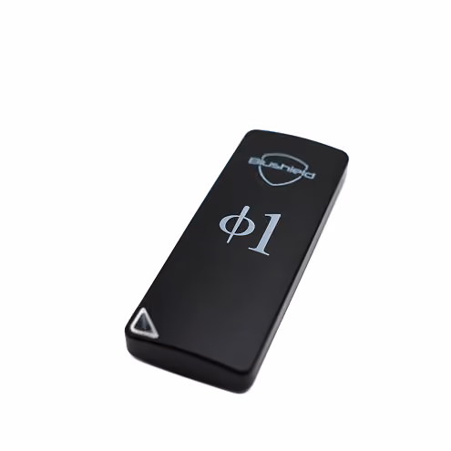 Black portable device with a shield logo and the symbol Phi 1 on a white background.