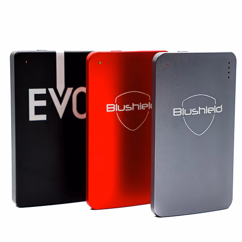 Three portable devices labeled EVO and Blushield in black, red, and gray on a white background.