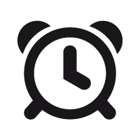 Black alarm clock icon with two bells on top and clock hands showing 3:00.