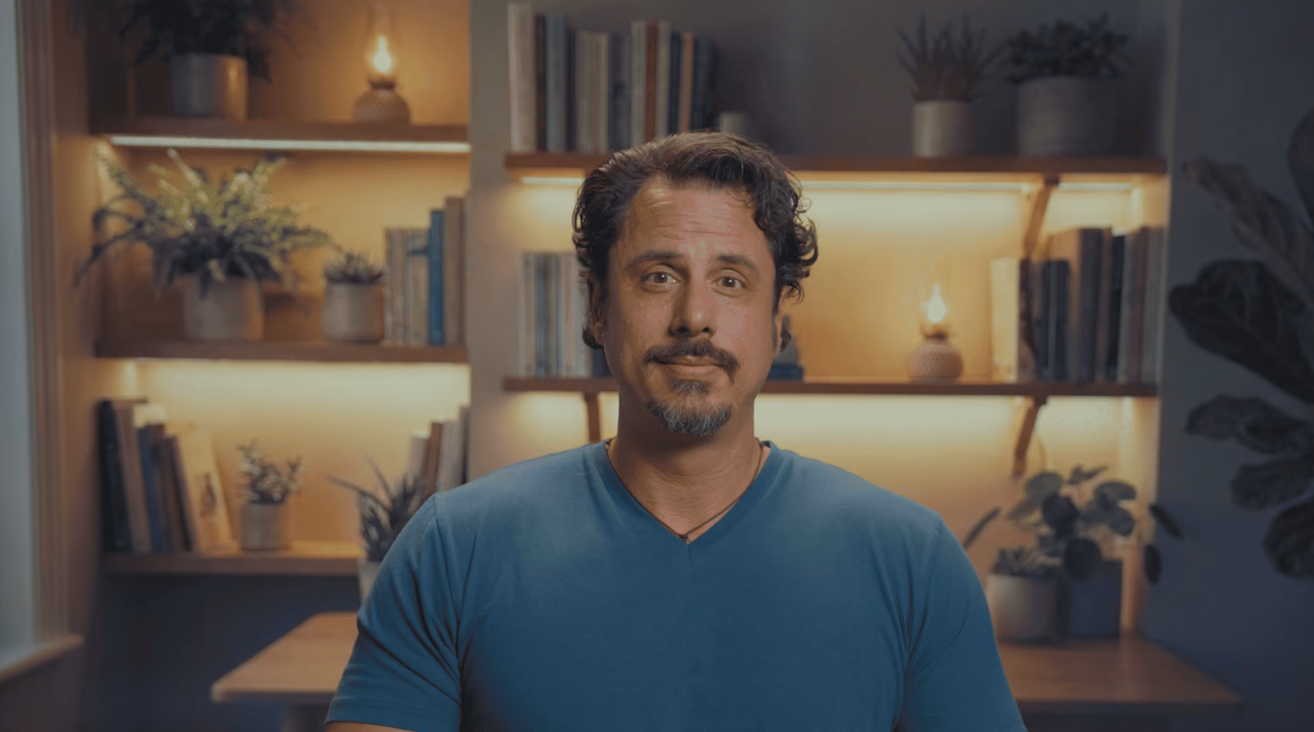 Man with dark curly hair and goatee in a blue shirt in a softly lit room with shelves and plants.