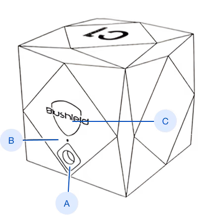 Line diagram of a faceted Blushield cube with labeled callouts