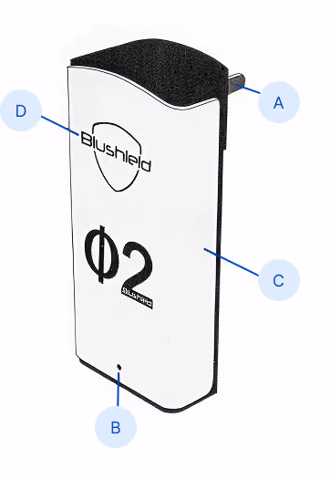 Line diagram of the Blushield Phi 2 device with labeled callouts