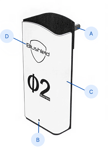 Line diagram of the Blushield Phi 2 device with labeled callouts