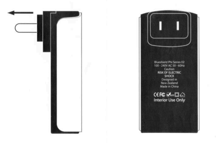Blushield power adapter shown from the front and back