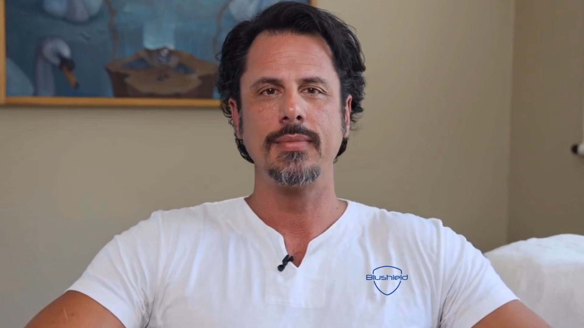 Man with dark hair, mustache, and goatee wearing a white shirt with a Blushield logo, seated indoors in front of a beige wall and a framed painting.