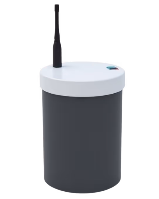 Wireless cylindrical field sensor with a black body and white top featuring an antenna and indicator lights.