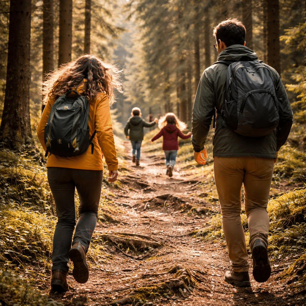 Familie mit Rucksäcken wandert auf einem bewaldeten Pfad im herbstlichen Licht.