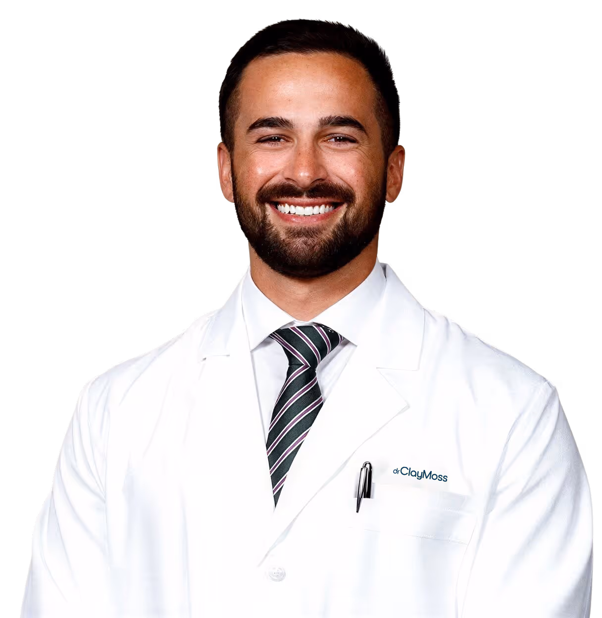 Dr. Clay Moss smiling wearing a white lab coat and striped tie.