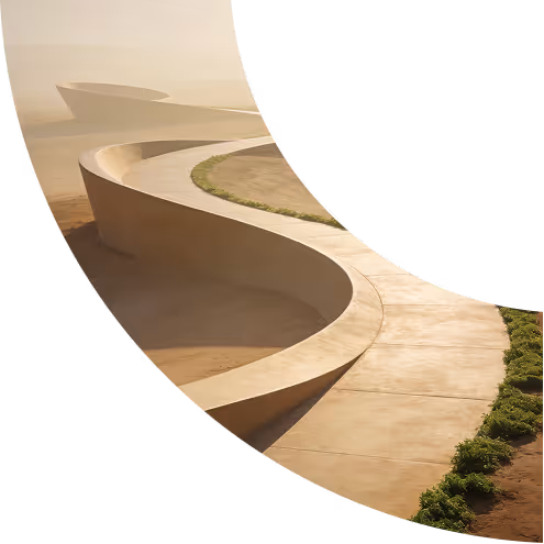 Curved beige concrete pathway with low walls beside small green plants in a sandy, foggy environment.