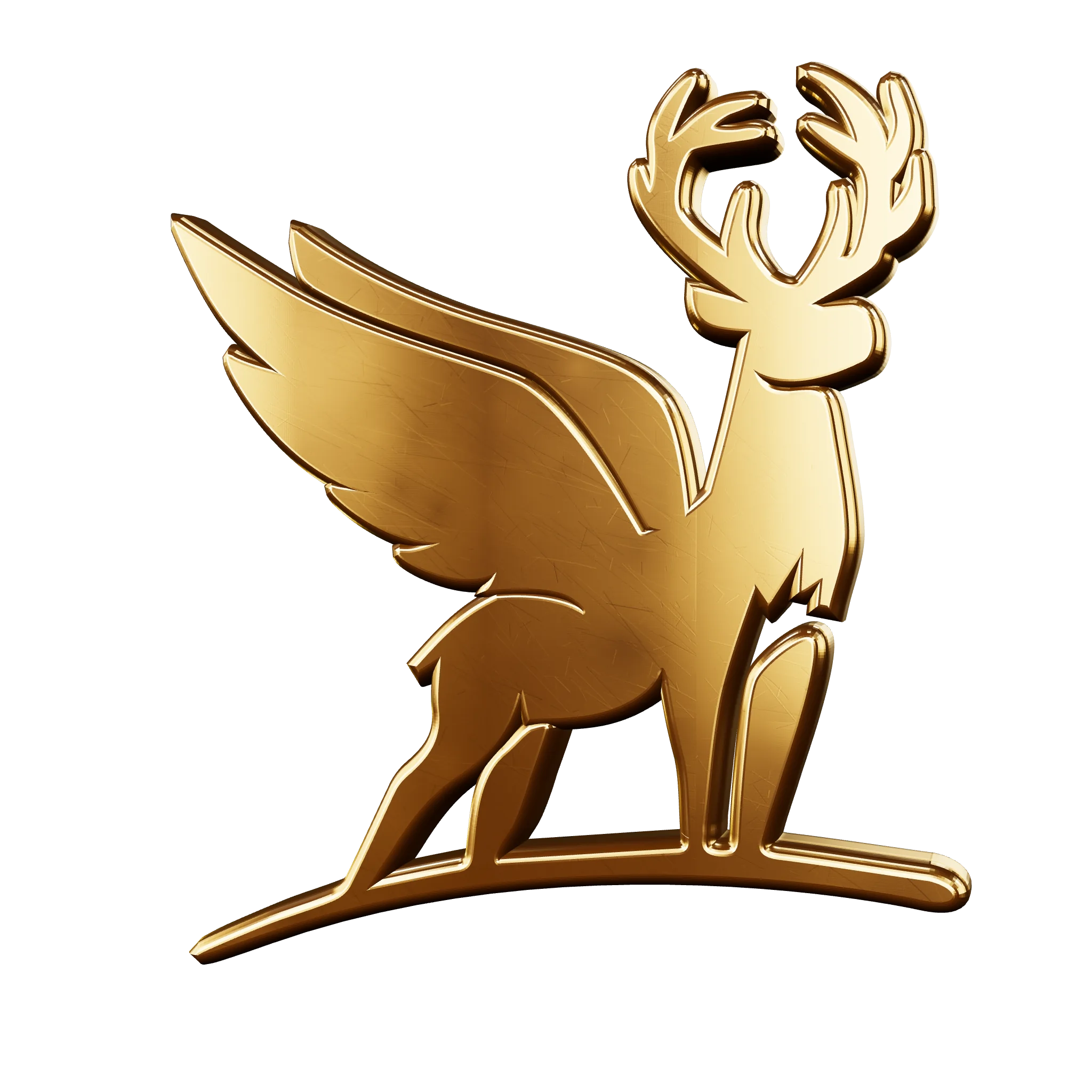 Gold glänzende Figur eines sitzenden Hirsches mit Flügeln auf schwarzem Hintergrund.
