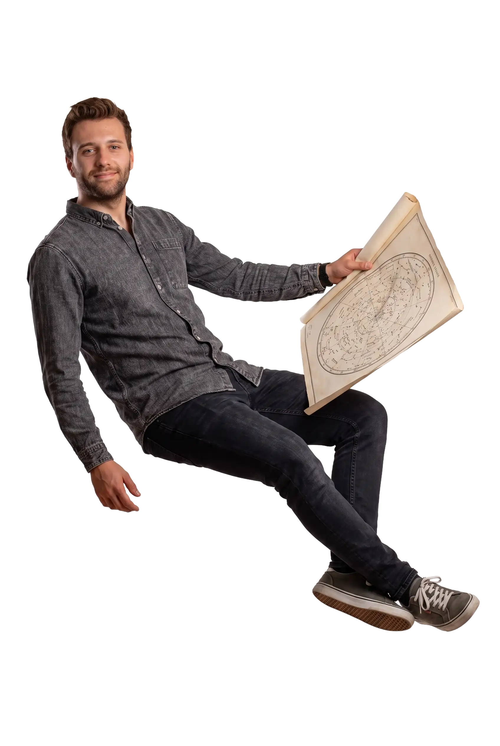 Mann in dunklem Hemd und Jeans, der eine Sternenkarte hält und lächelt.