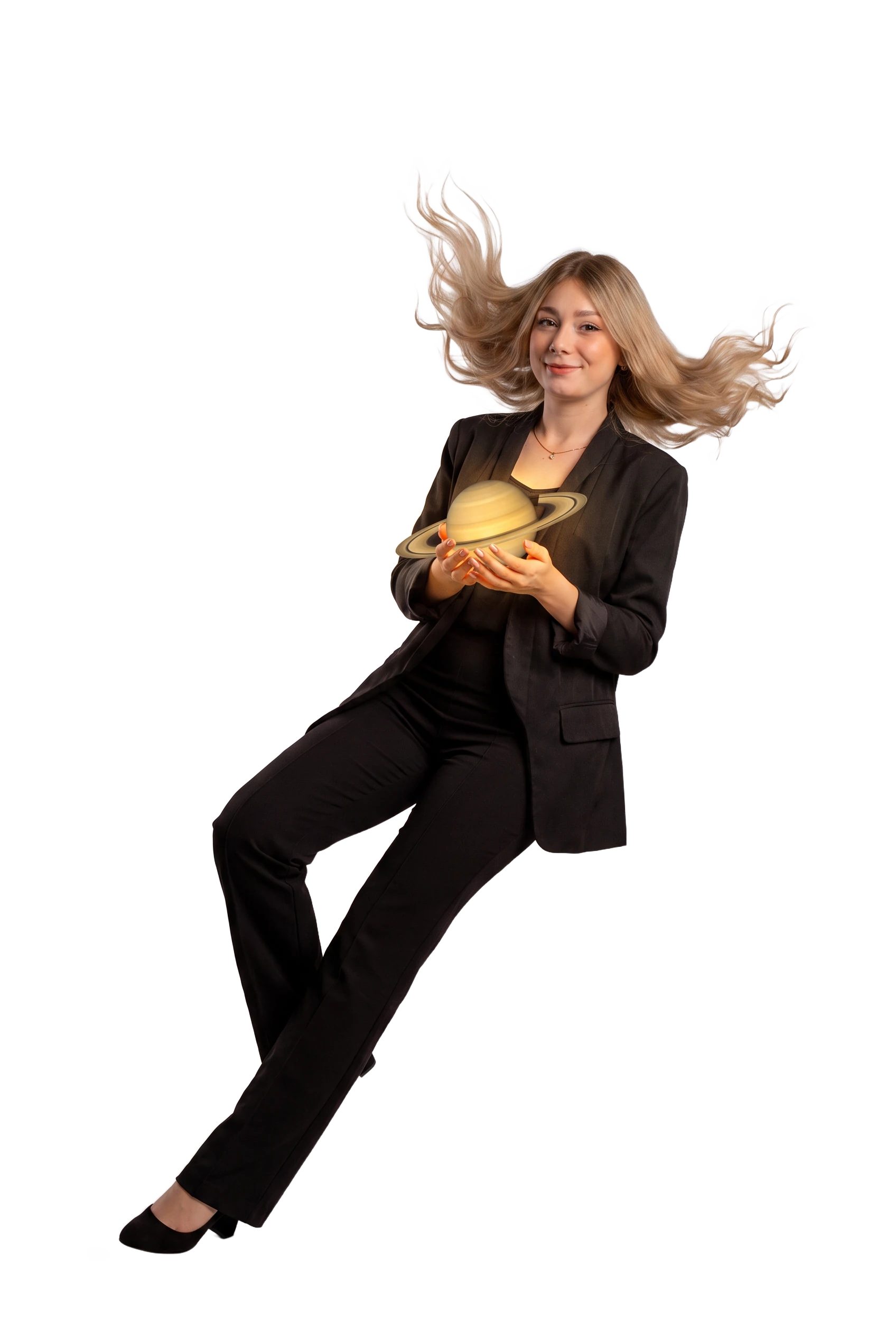 Frau mit fließendem Haar, die ein Modell des Planeten Saturn in den Händen hält.