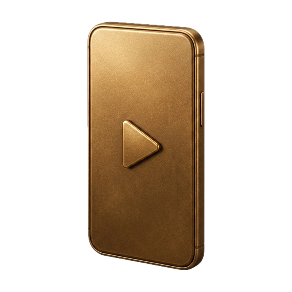Goldfarbenes Smartphone mit großem Play-Button in der Mitte auf schwarzem Hintergrund.