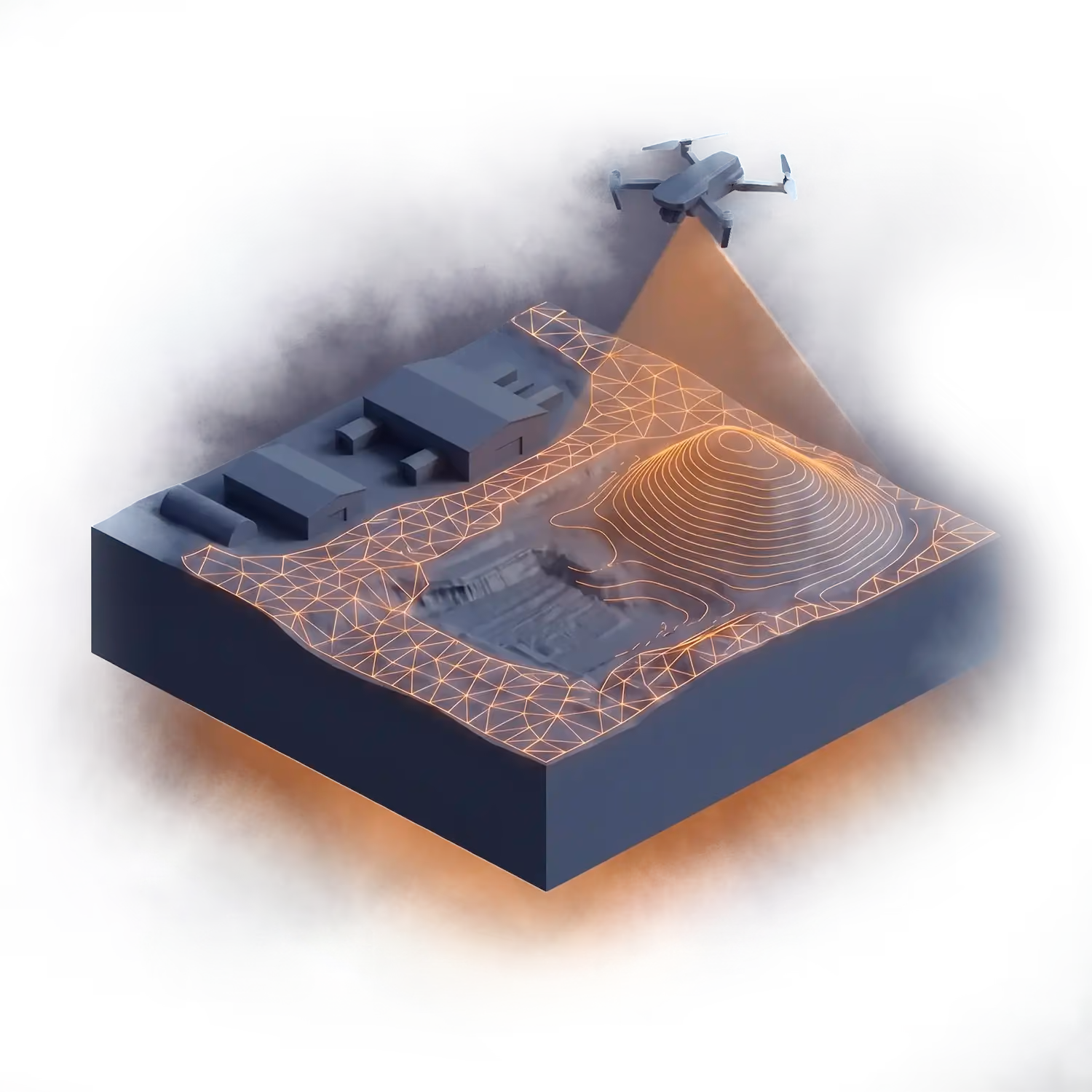 Drohne scannt ein 3D-Geländemodell mit Gebäuden und topografischen Linien.