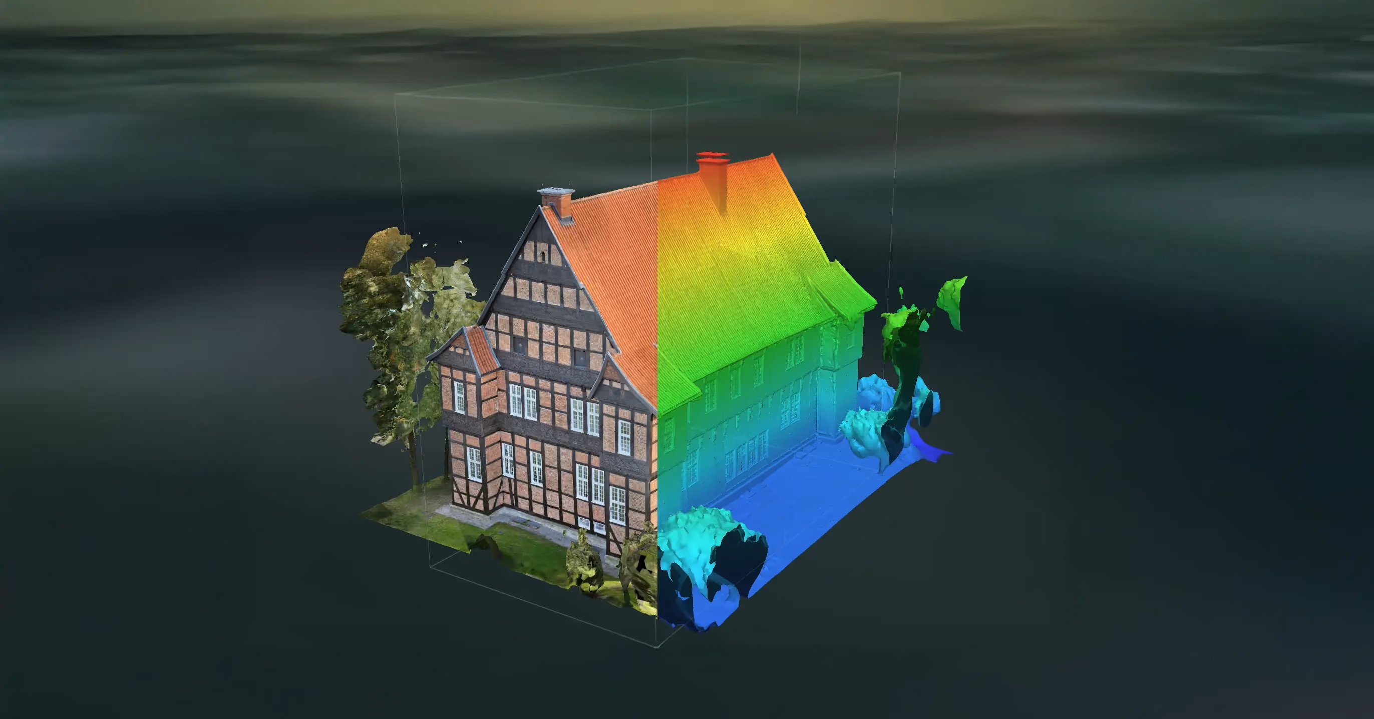 3D-Modell eines historischen Fachwerkhauses, halb realistisch, halb farbcodiert für digitale Analyse.
