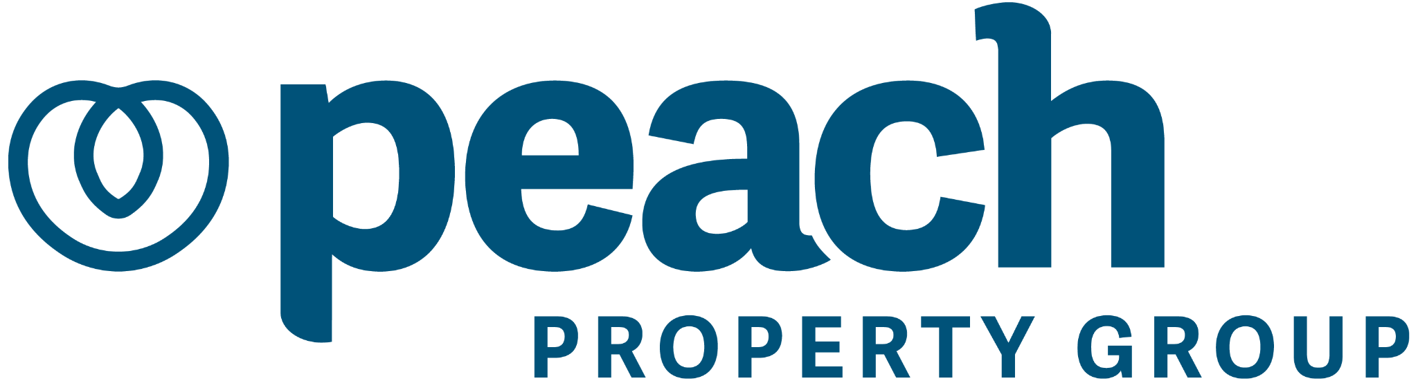 Peach Property Group Logo mit einem stilisierten Pfirsichsymbol und Text in Dunkelblau.