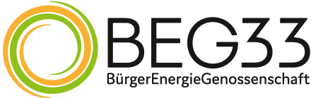 Logo der BürgerEnergieGenossenschaft BEG33 mit stilisiertem grünen und orangefarbenem Kreis.