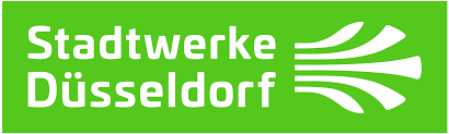 Stadtwerke Düsseldorf logo with white text and abstract lines on a green background.