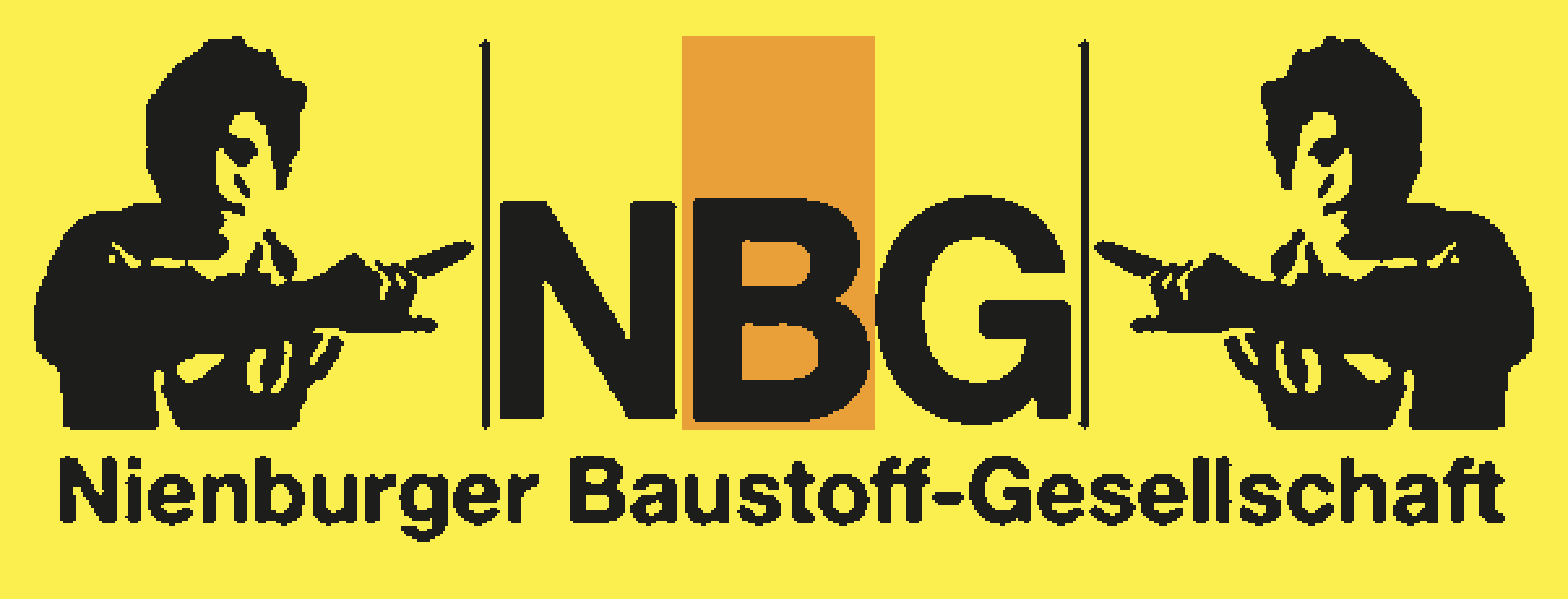 Logo der Nienburger Baustoff-Gesellschaft mit zwei Männern, die eine Kelle halten, vor gelbem Hintergrund.