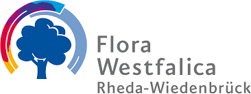 Logo mit stilisiertem Baum und buntem halbkreisförmigem Design, Text Flora Westfalica Rheda-Wiedenbrück