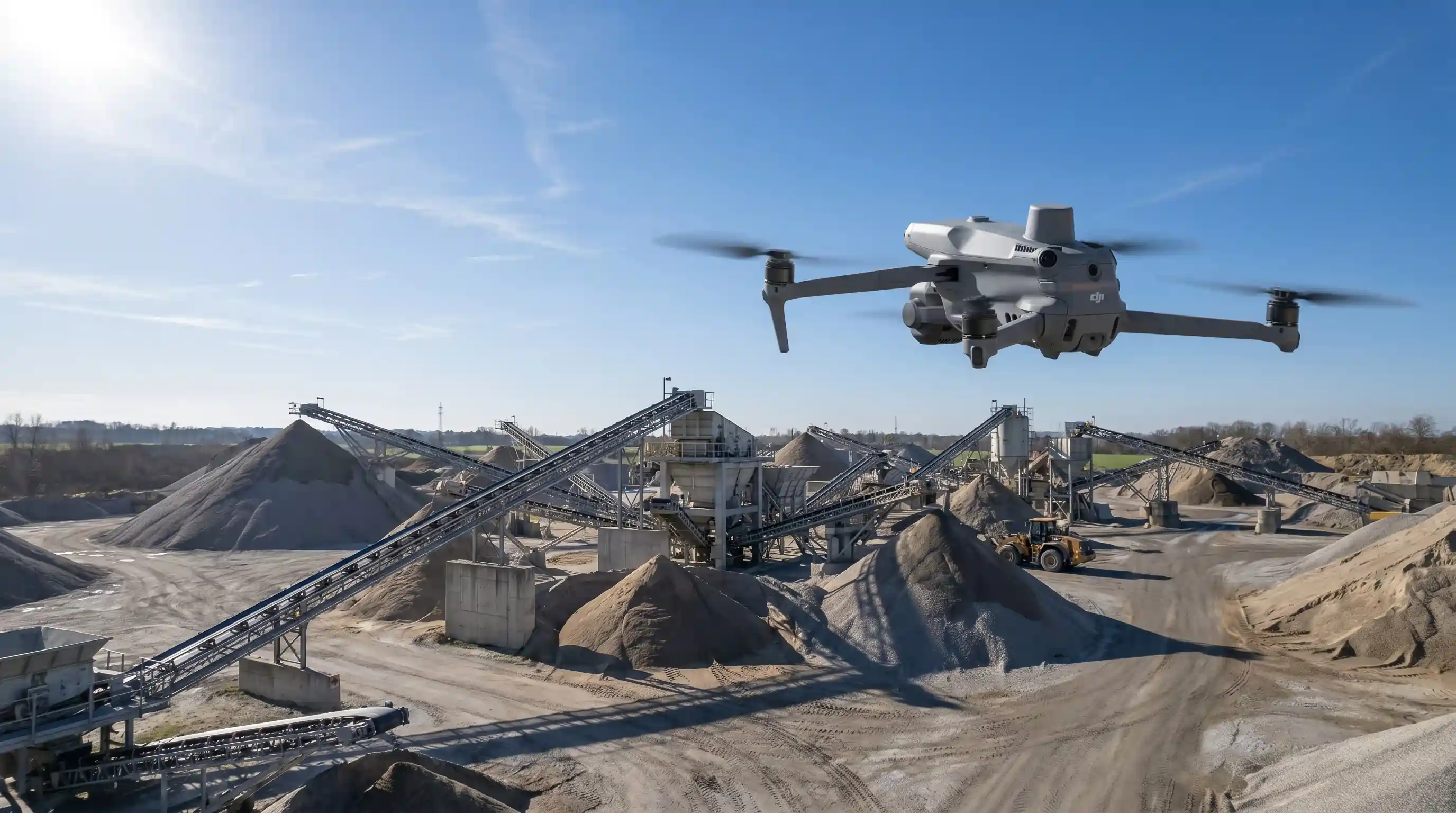 Drohne fliegt über eine Baustelle mit Sand- und Kiesbergen sowie Förderbändern unter klarem Himmel.