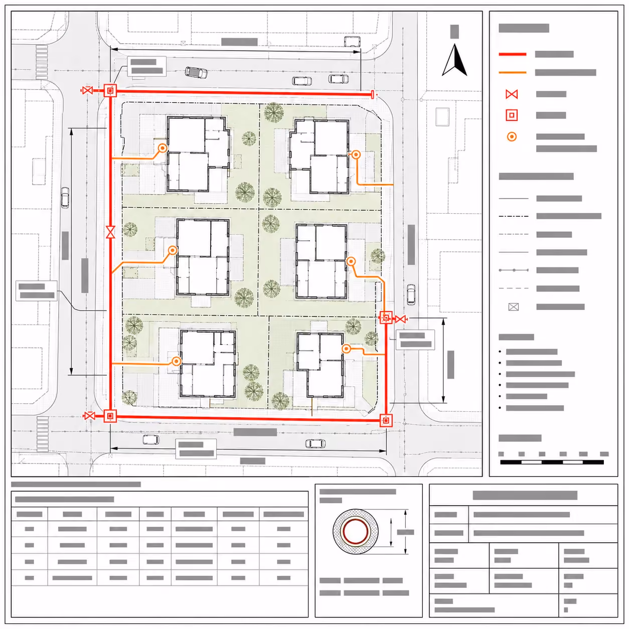 Lageplan mit sechs Gebäuden, grünen Bereichen, Straßen und Legende für Symbole und Maße.