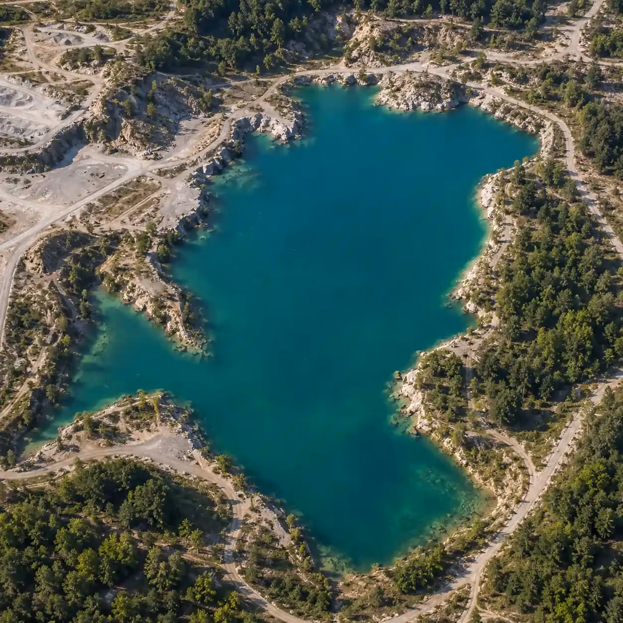 Luftaufnahme eines türkisfarbenen Sees, umgeben von bewaldeten und steinigen Landschaften.