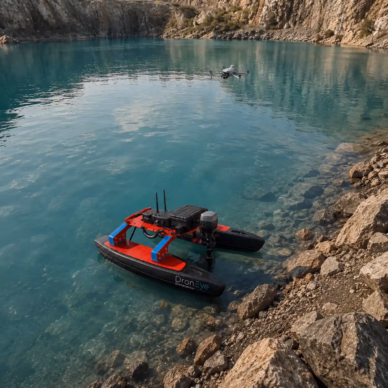 Ein ferngesteuertes Boot nahe felsigem Ufer in klarem Wasser mit einer Drohne in der Luft.