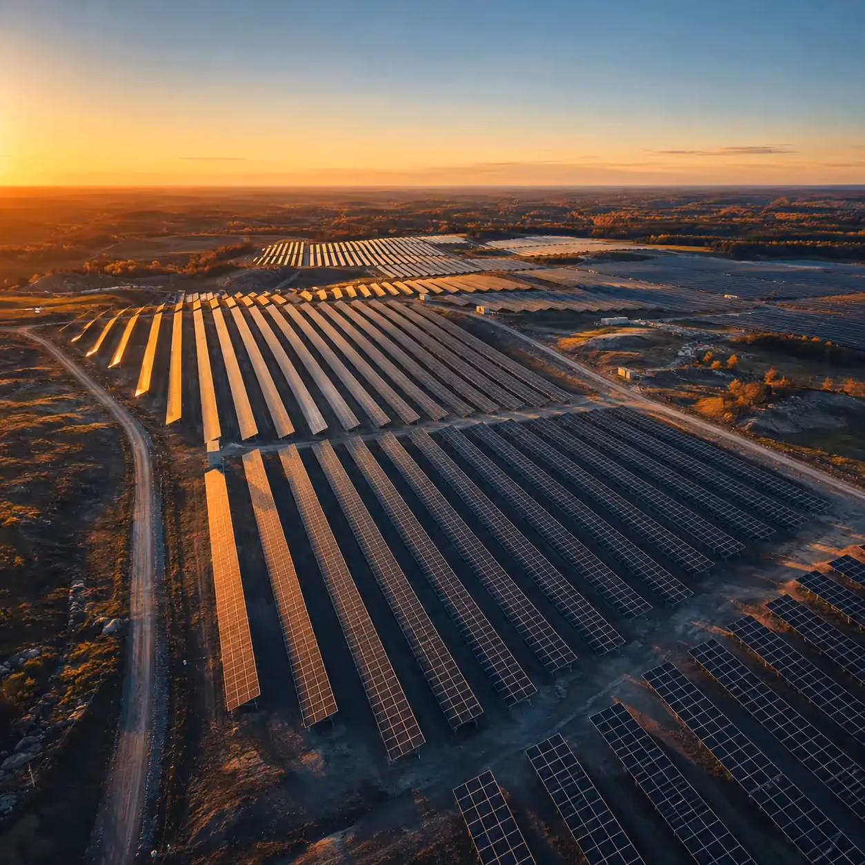 Luftaufnahme eines großen Solarparks bei Sonnenuntergang mit Reihen von Solarmodulen auf dem Feld.