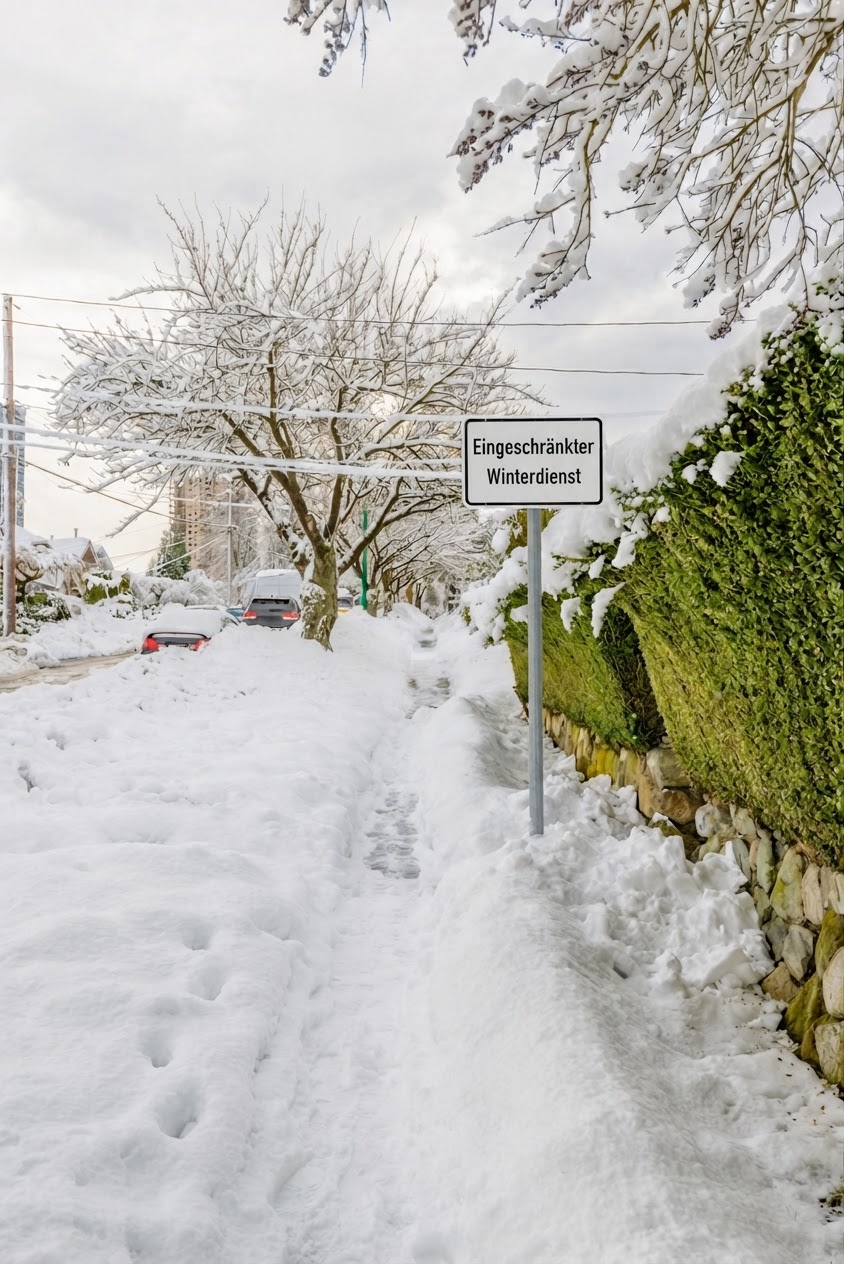 Schild "Eingeschränkter Winterdienst" an schneebedecktem Gehweg mit geräumtem Trampelpfad