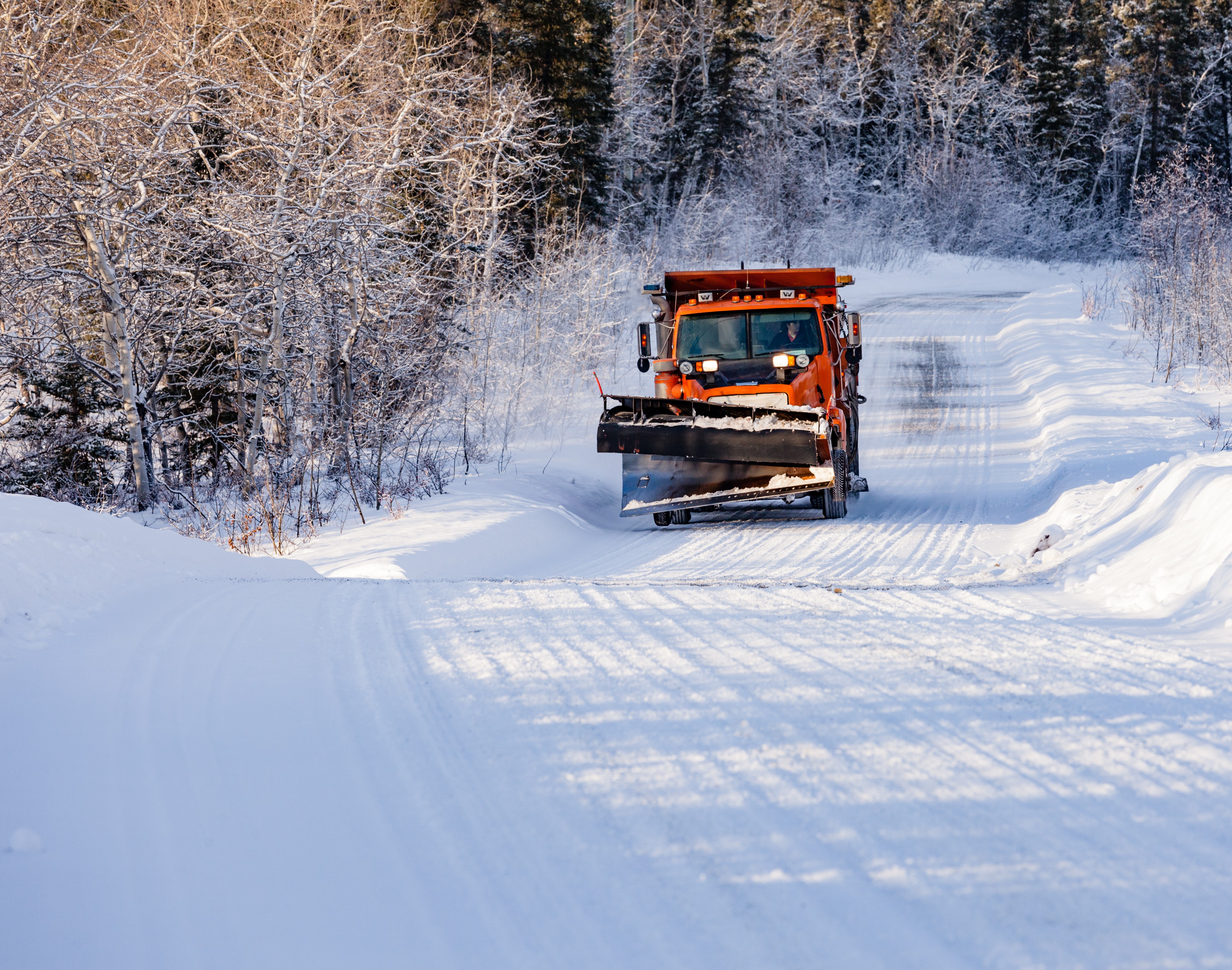 Orangefarbener Schneepflug-Lkw räumt eine schmale, von Bäumen gesäumte Straße im Winter