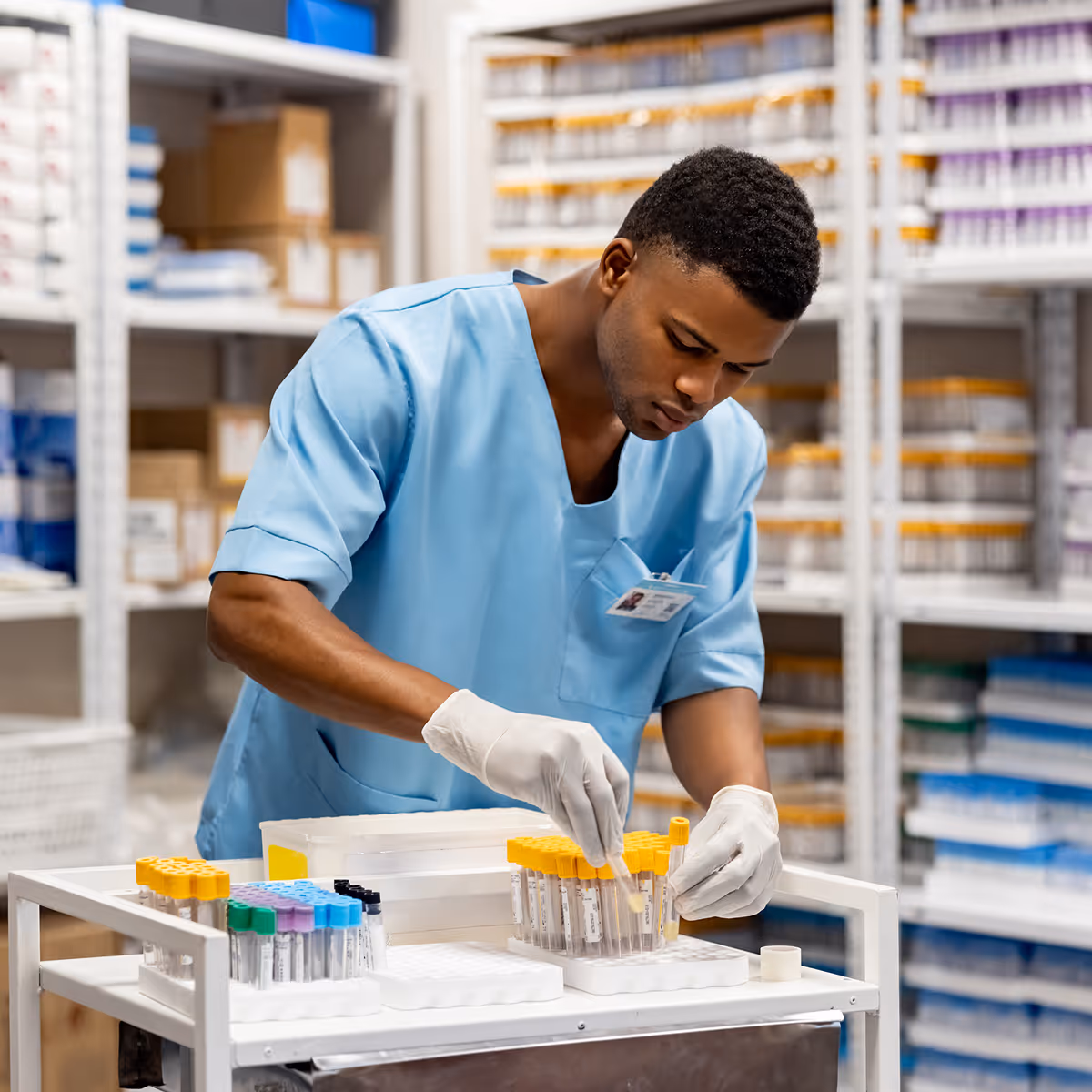 Healthcare worker in blue scrubs sorting test tubes with yellow caps in a medical storage room.