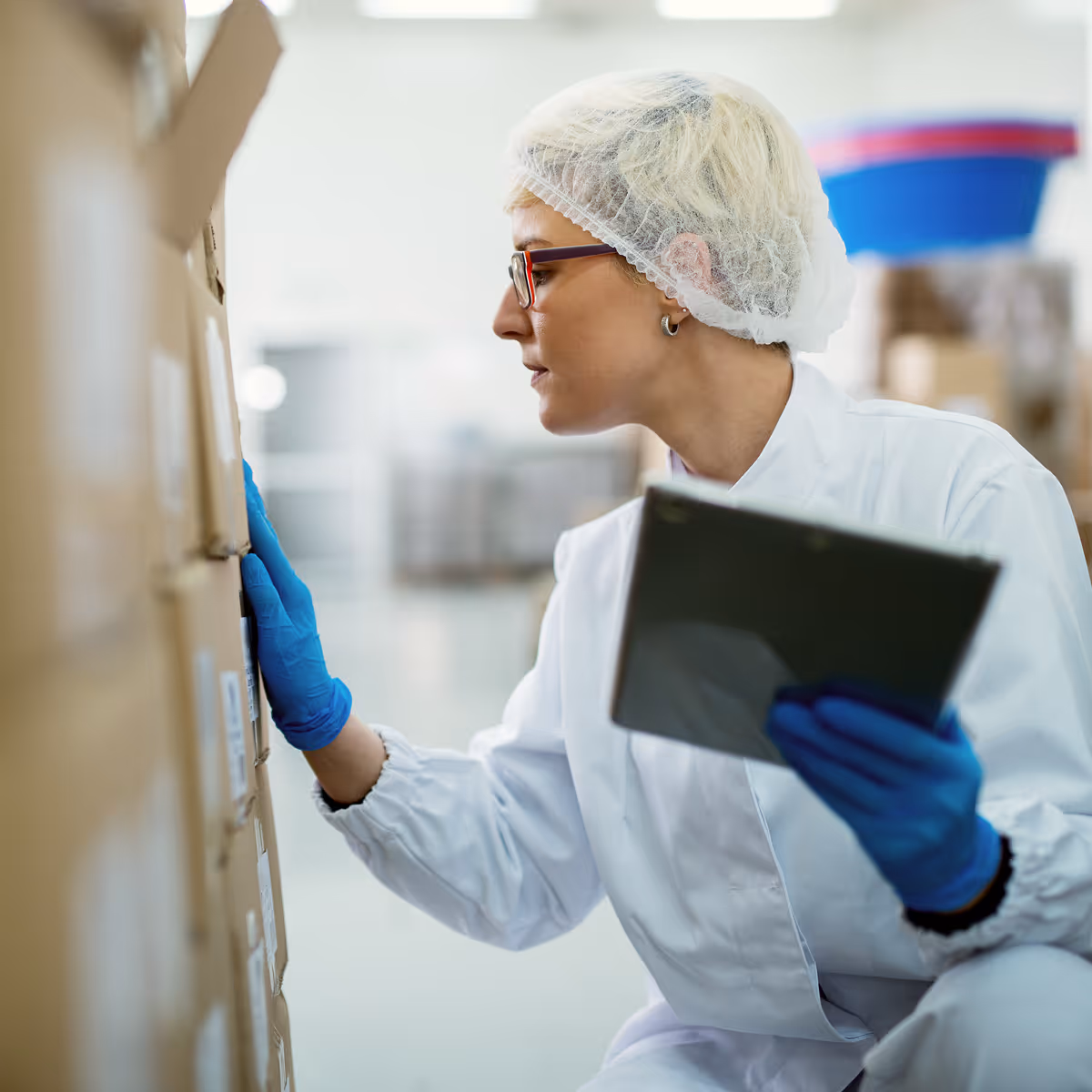 Woman in lab coat, hairnet, and gloves inspecting stacked cardboard boxes while holding a tablet in a warehouse.