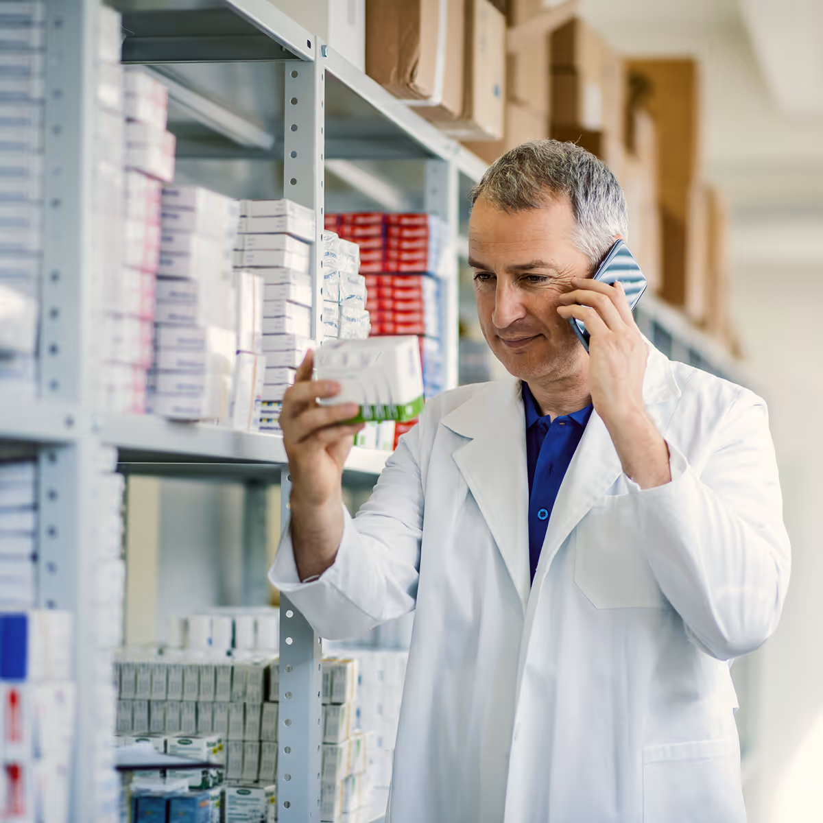 Pharmacist in a white coat examining a medication box while talking on a smartphone in a pharmacy storage room.
