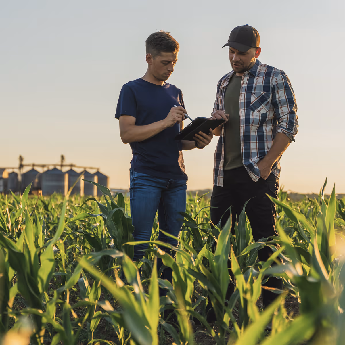Two men standing in a cornfield at sunset, one holding and writing on a tablet while the other watches.