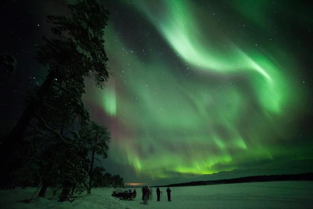 Silhouetted travellers watching green Northern Lights over a snowy field