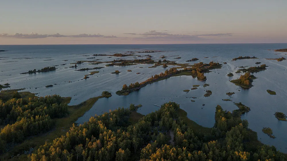 Aerial view of islands in the Nordic archipelago