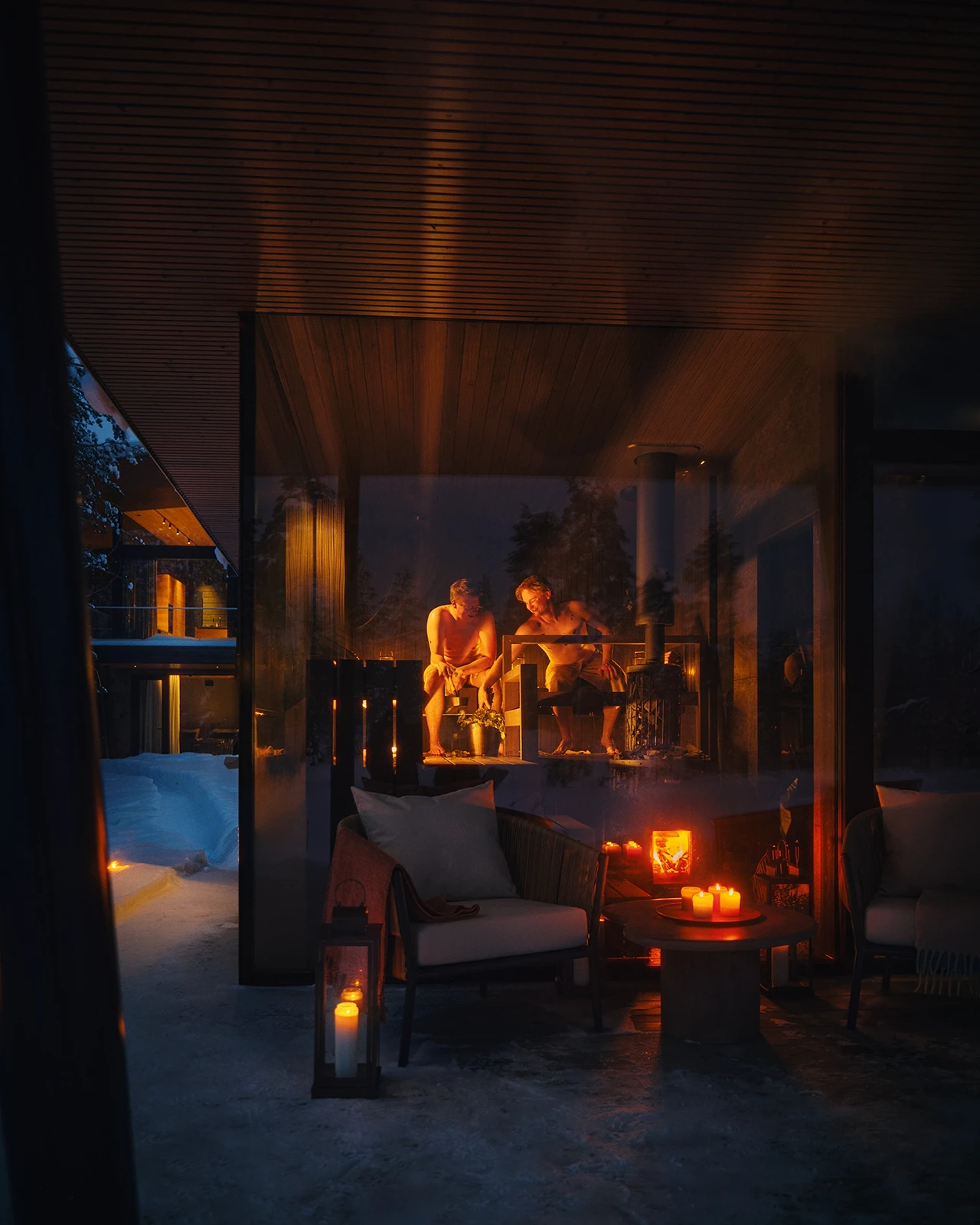 Warm lodge interior with an open fireplace