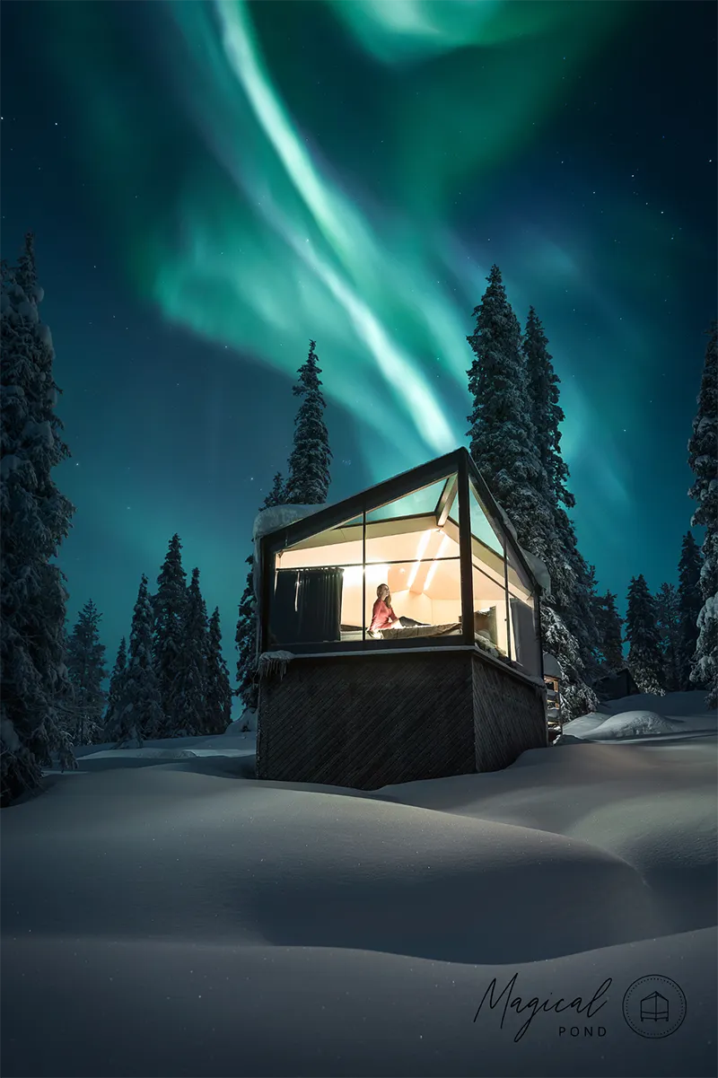 Glass cabin beneath the Northern Lights