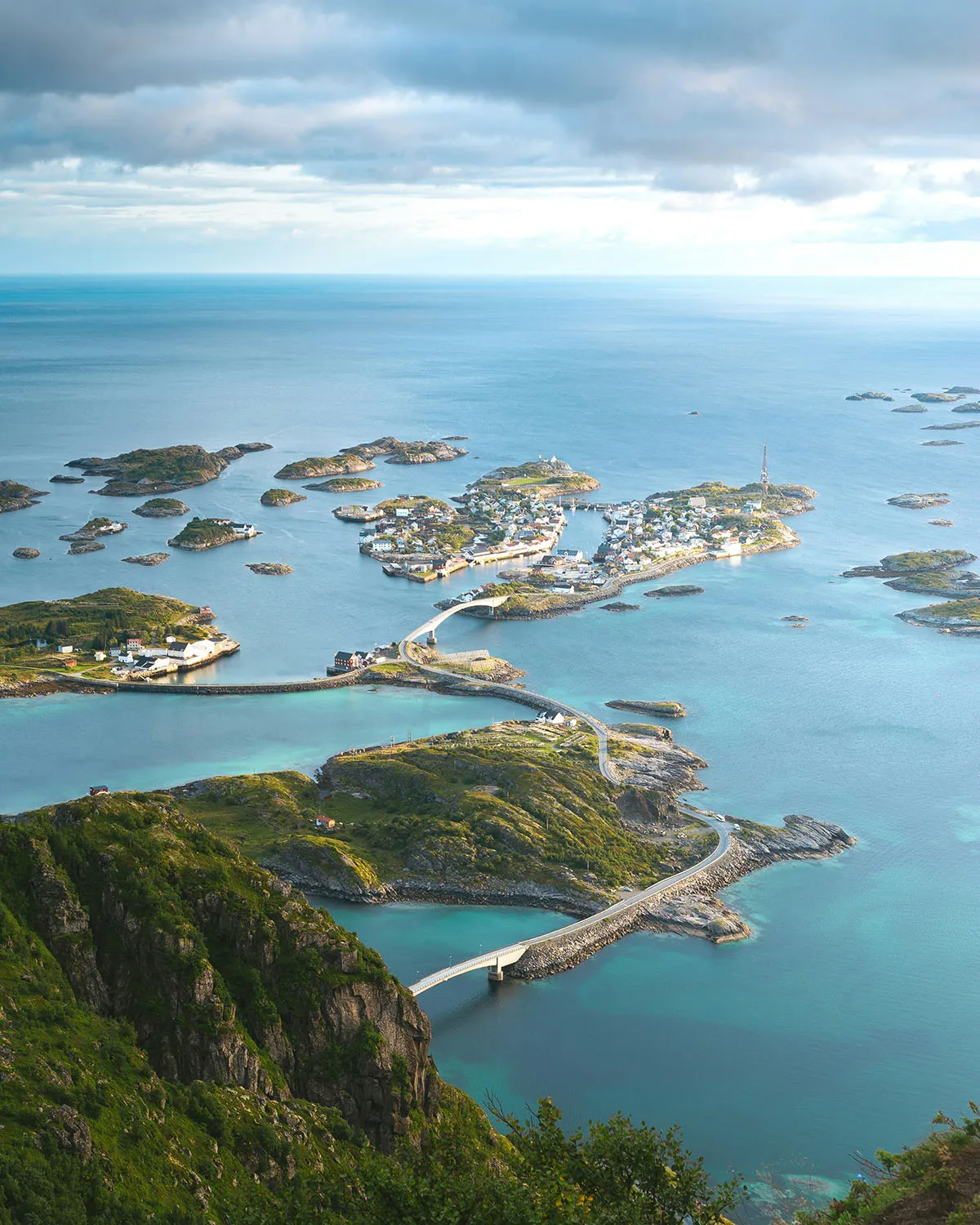 Henningsvær fishing village on islands in Lofoten, seen from above